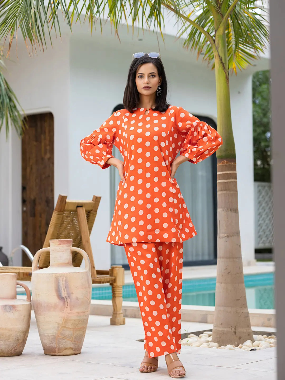 Orange-Cotton-Polka-Dot-Print-Co-Ord-Set