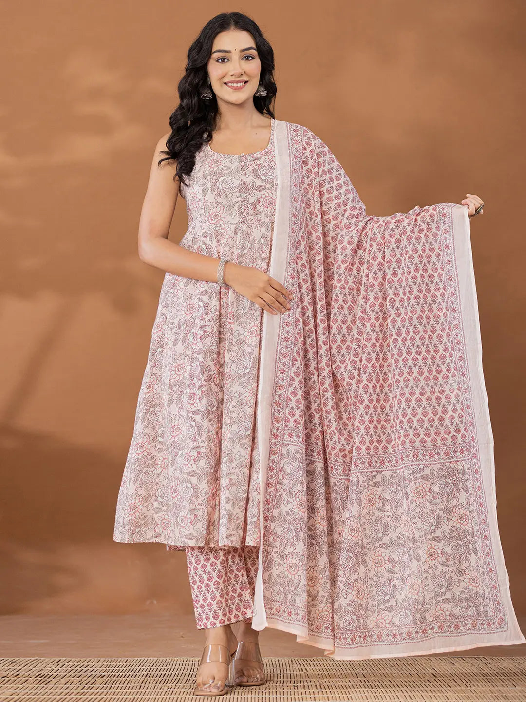 Peach-Cotton-Floral-Printed-Square-Neck-Anarkali--Set