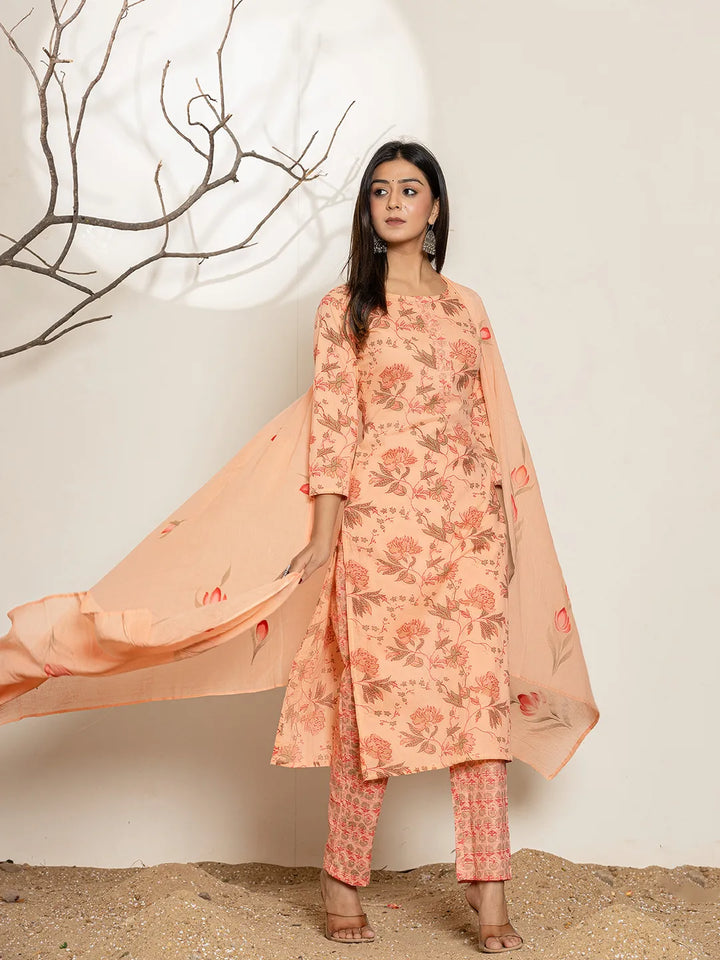 Peach-Cotton-Floral-Printed-Straight-3-Piece-Kurta-Set