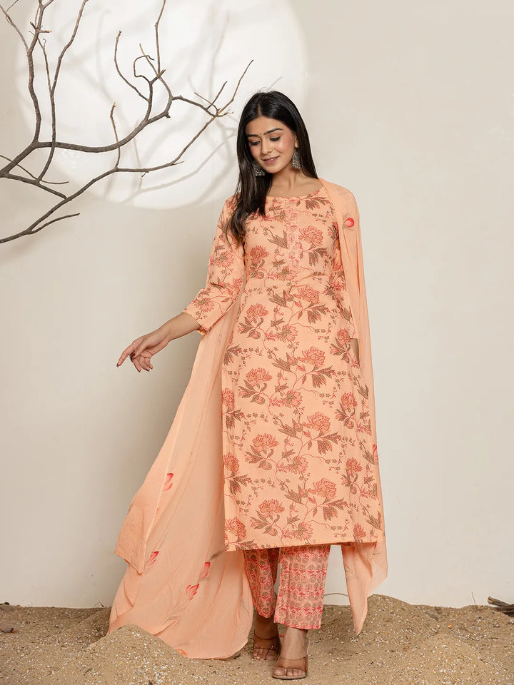 Peach-Cotton-Floral-Printed-Straight-3-Piece-Kurta-Set