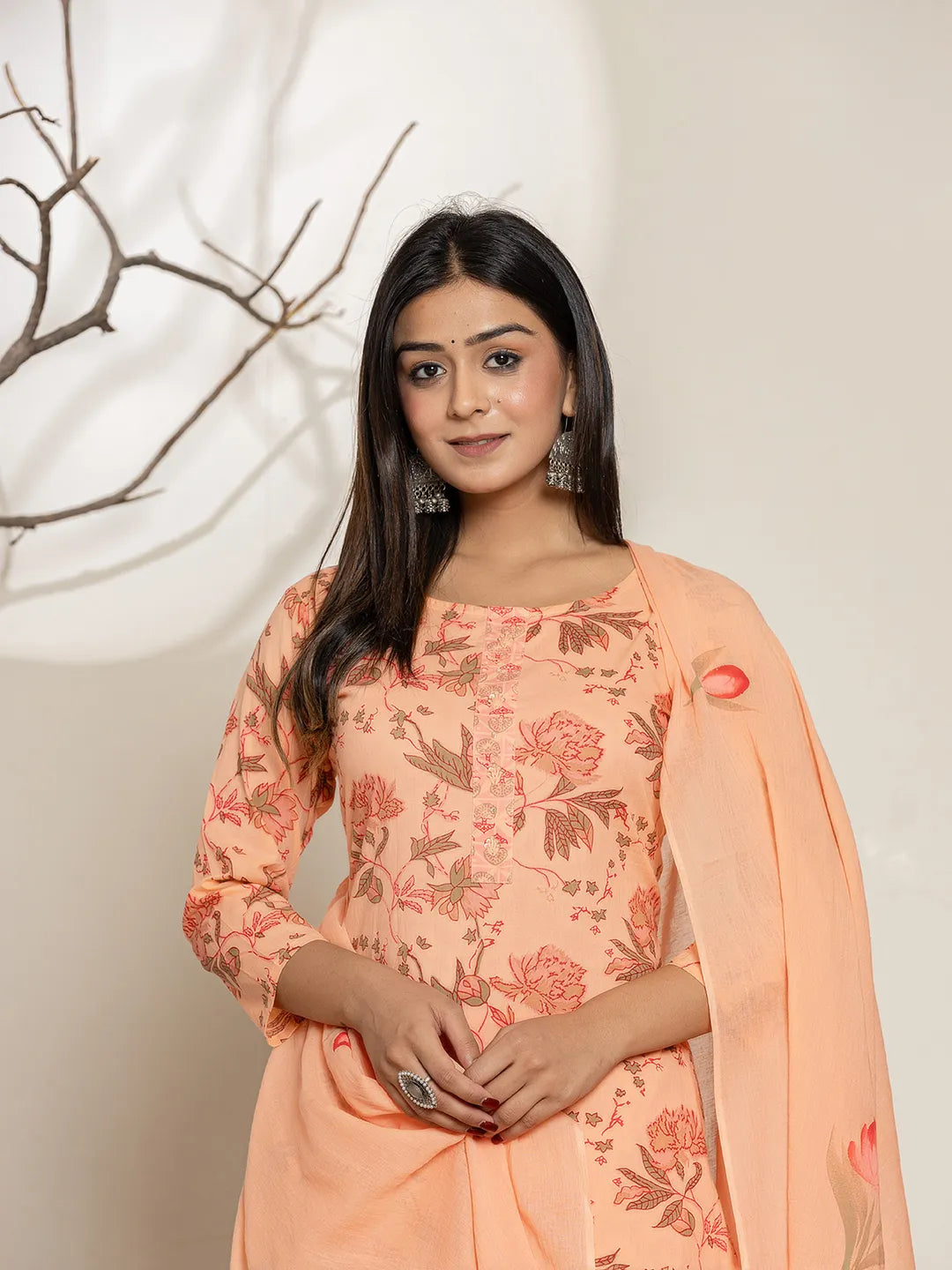 Peach-Cotton-Floral-Printed-Straight-3-Piece-Kurta-Set