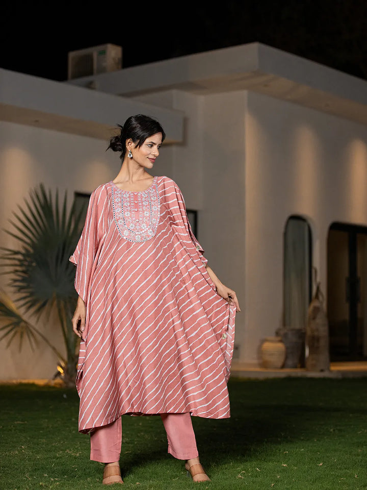 Peach-Silk-Blend-Leheriya-Embroidered-Kaftan-Kurta-Set