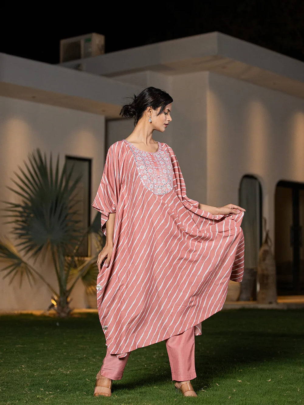 Peach-Silk-Blend-Leheriya-Embroidered-Kaftan-Kurta-Set