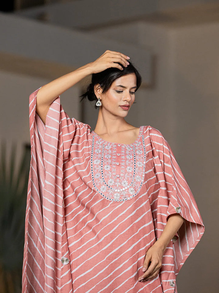 Peach-Silk-Blend-Leheriya-Embroidered-Kaftan-Kurta-Set