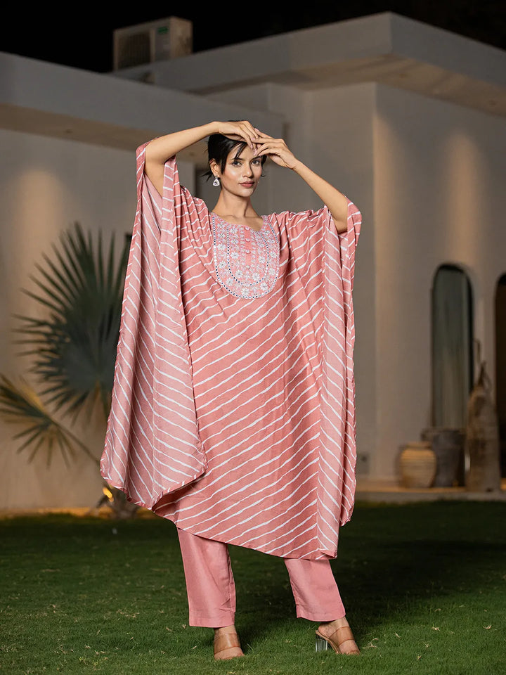 Peach-Silk-Blend-Leheriya-Embroidered-Kaftan-Kurta-Set