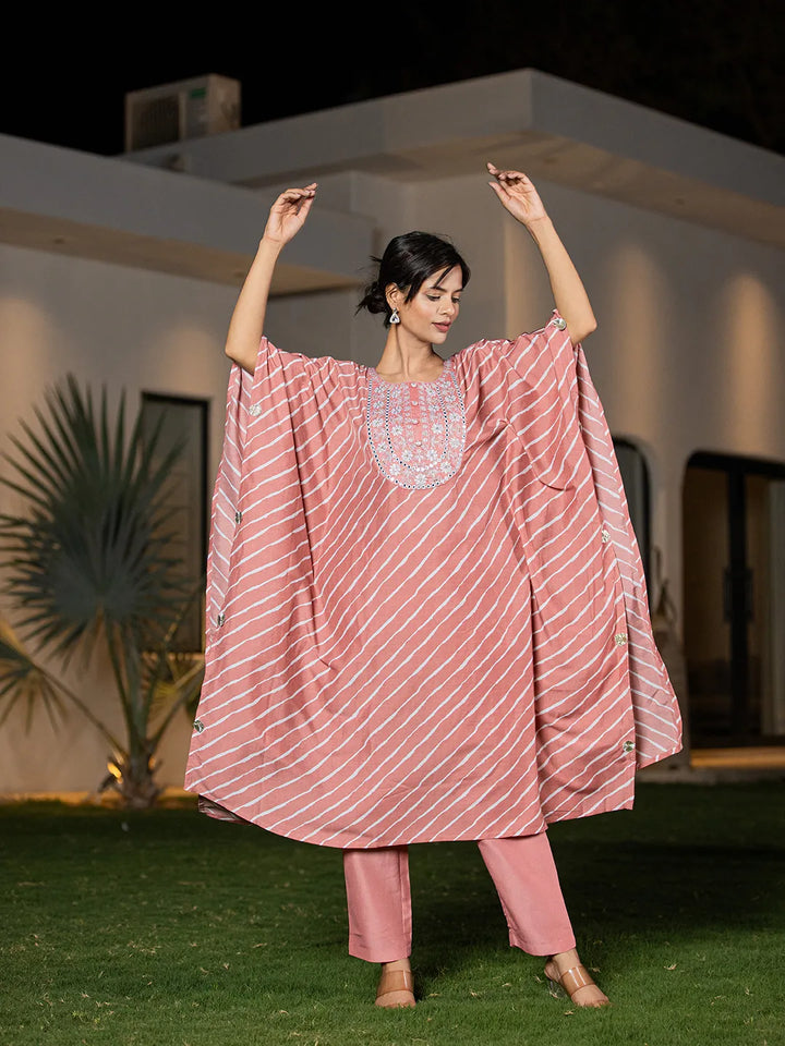 Peach-Silk-Blend-Leheriya-Embroidered-Kaftan-Kurta-Set