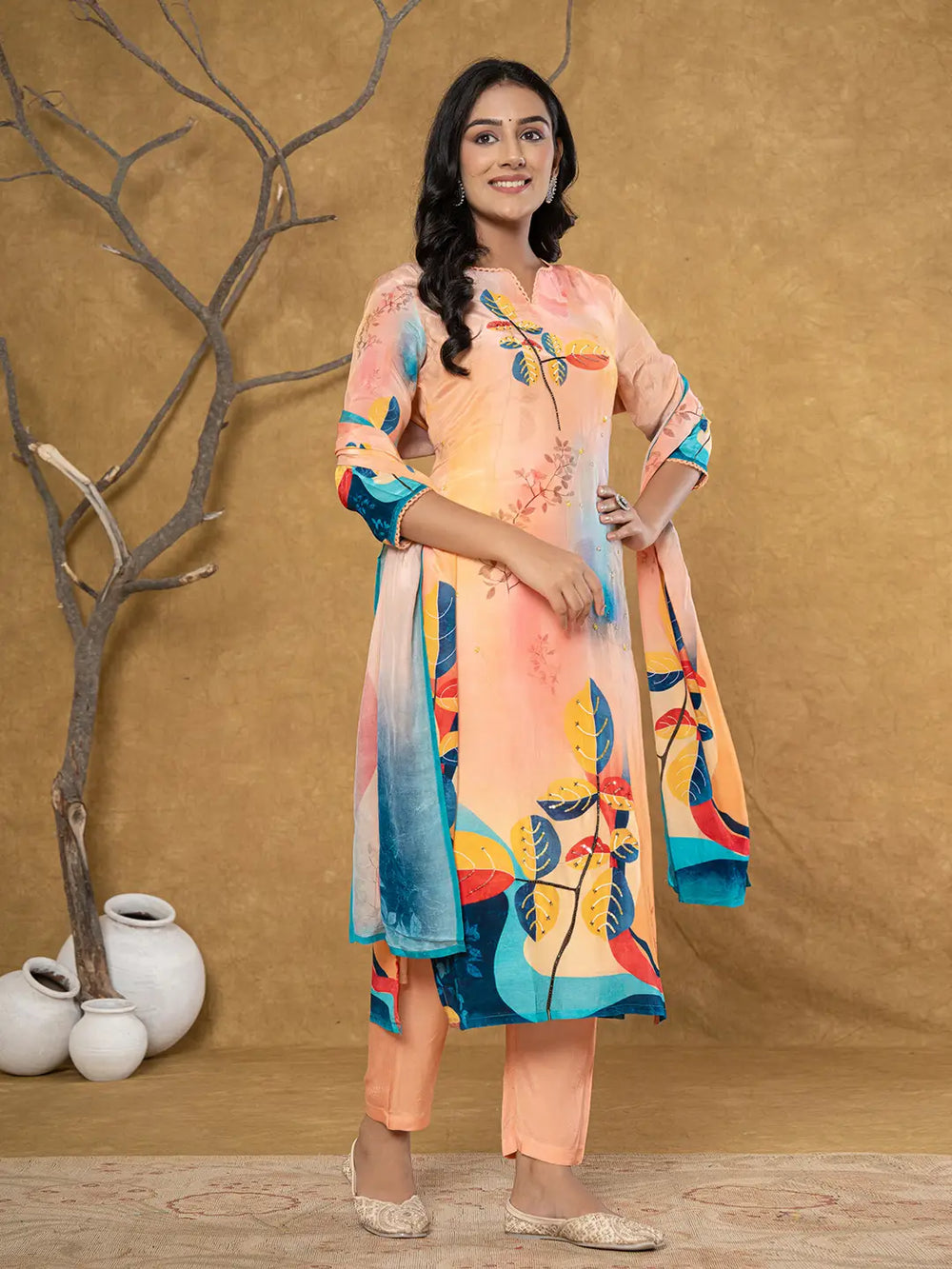 Peach-Crepe-Placement-Print-Band-Collar-3-Piece-Kurta-Set