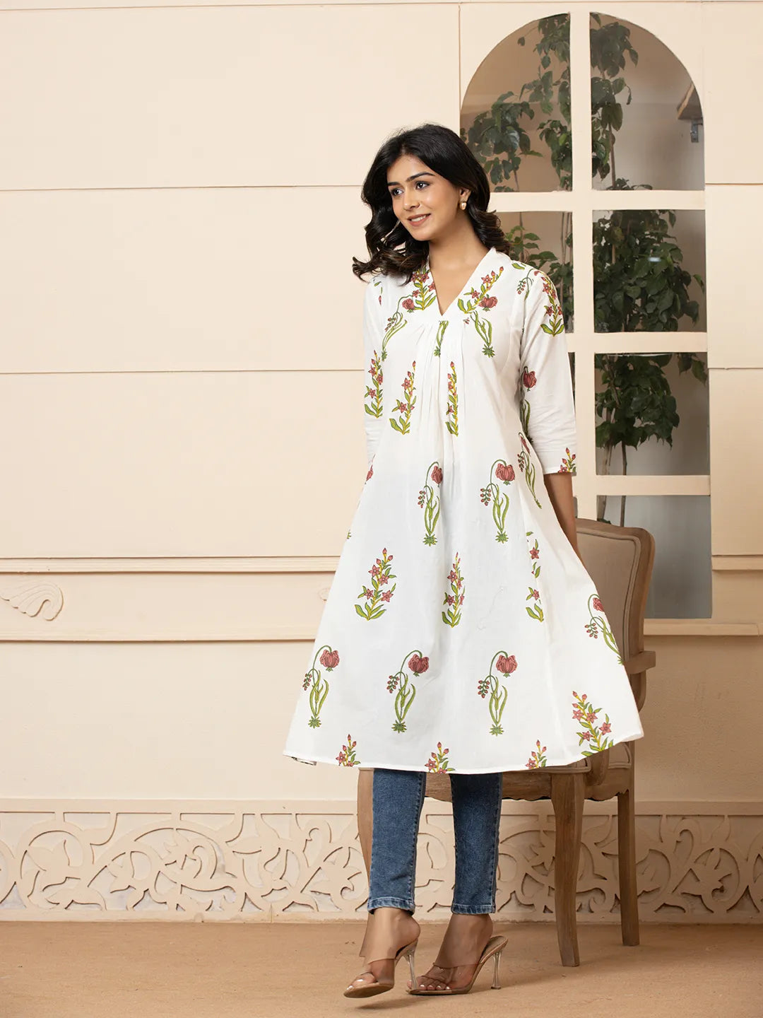 Pink-&-White-Cotton-Floral-Print-Aline-Kurta