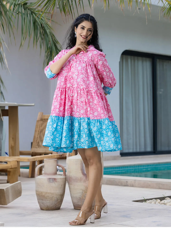 Pink-&-Sky-Blue-Pure-Cotton-Colour-Blocking-Dress