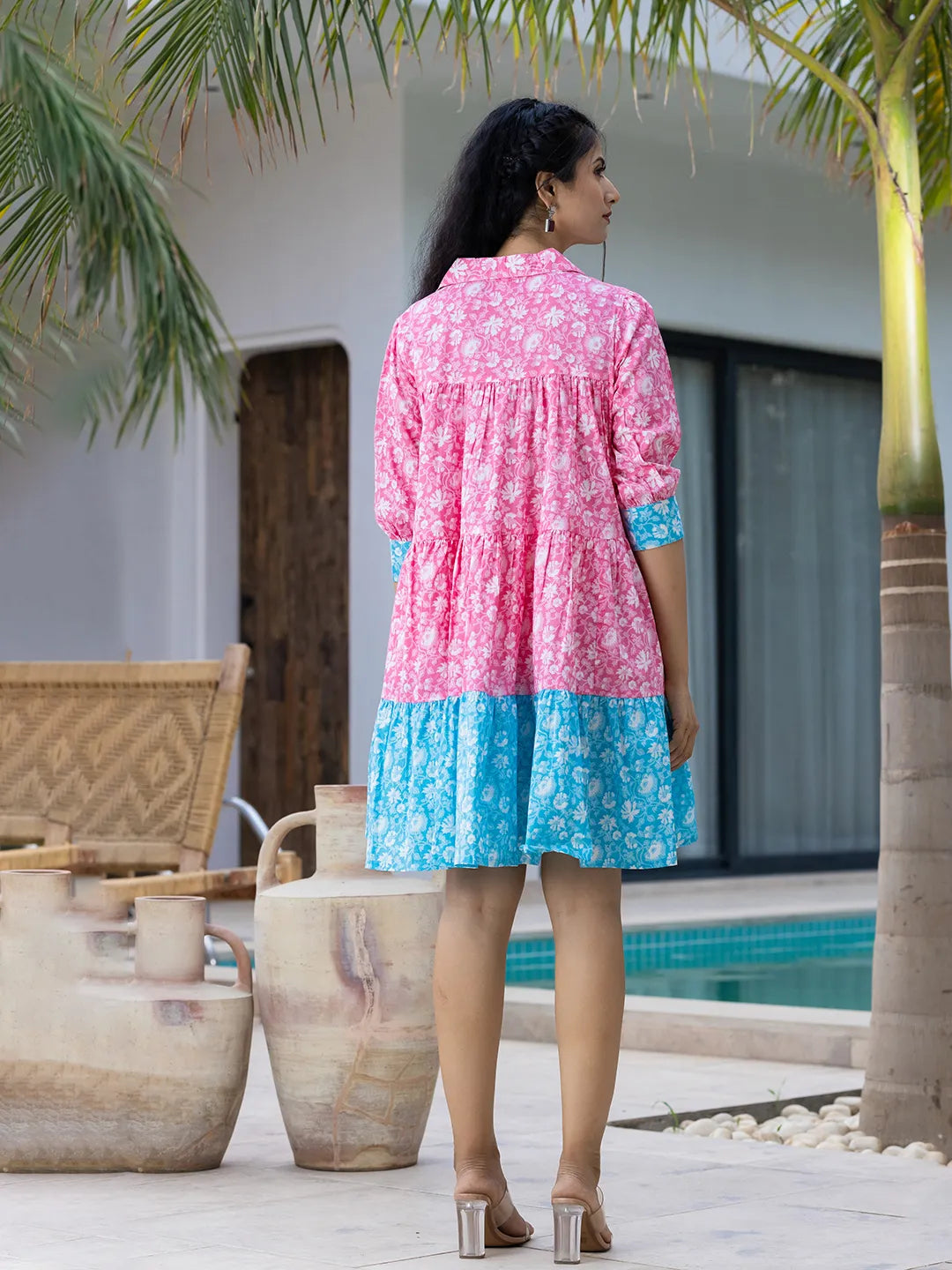 Pink-&-Sky-Blue-Pure-Cotton-Colour-Blocking-Dress