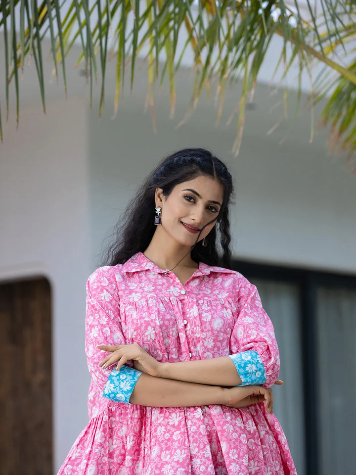 Pink-&-Sky-Blue-Pure-Cotton-Colour-Blocking-Dress