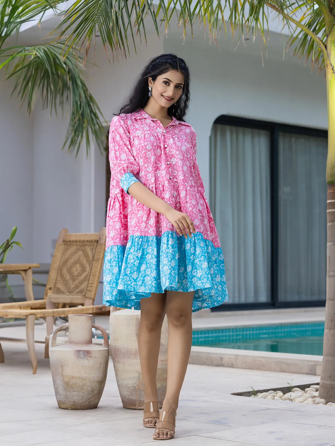 Pink-&-Sky-Blue-Pure-Cotton-Colour-Blocking-Dress