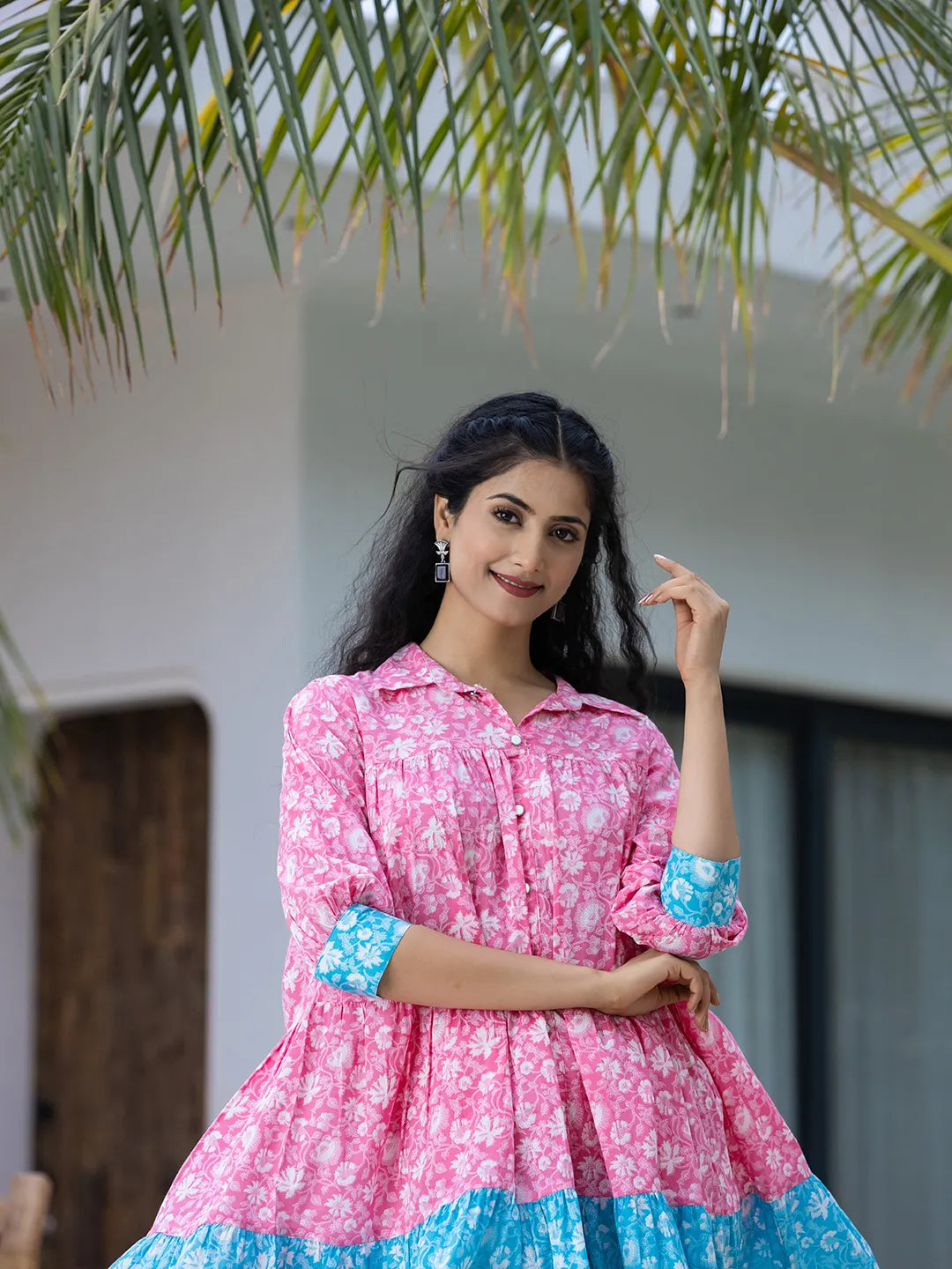 Pink-&-Sky-Blue-Pure-Cotton-Colour-Blocking-Dress