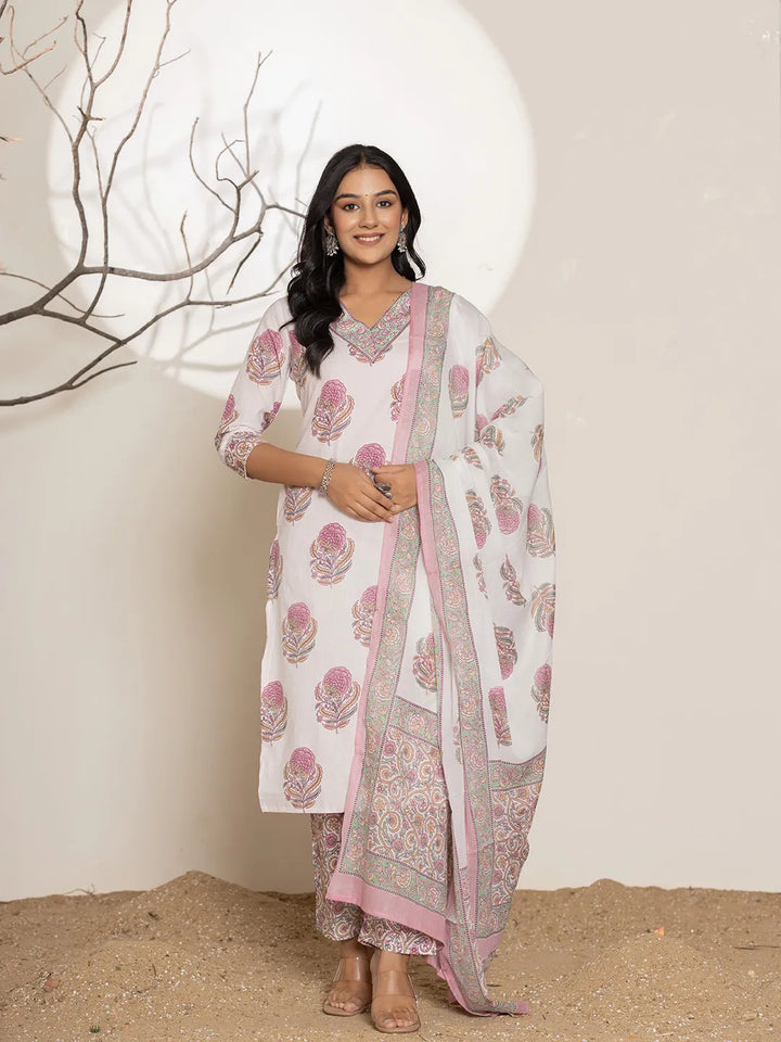 Pink-&-White-Cotton-Floral-Print-Straight-3-Piece-Kurta-Set