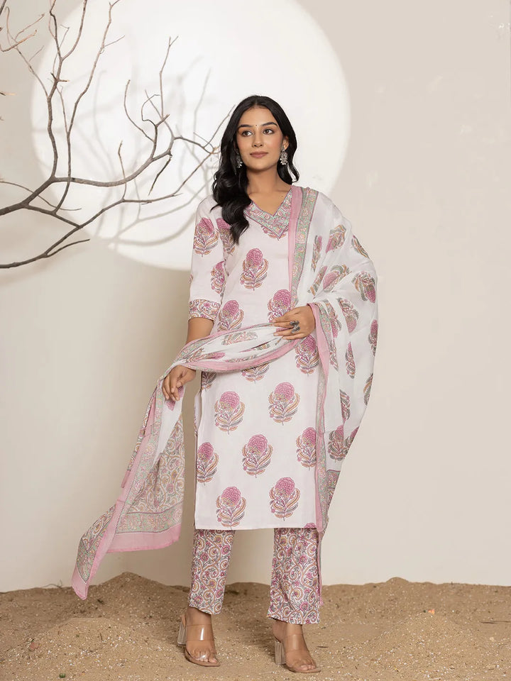 Pink-&-White-Cotton-Floral-Print-Straight-3-Piece-Kurta-Set