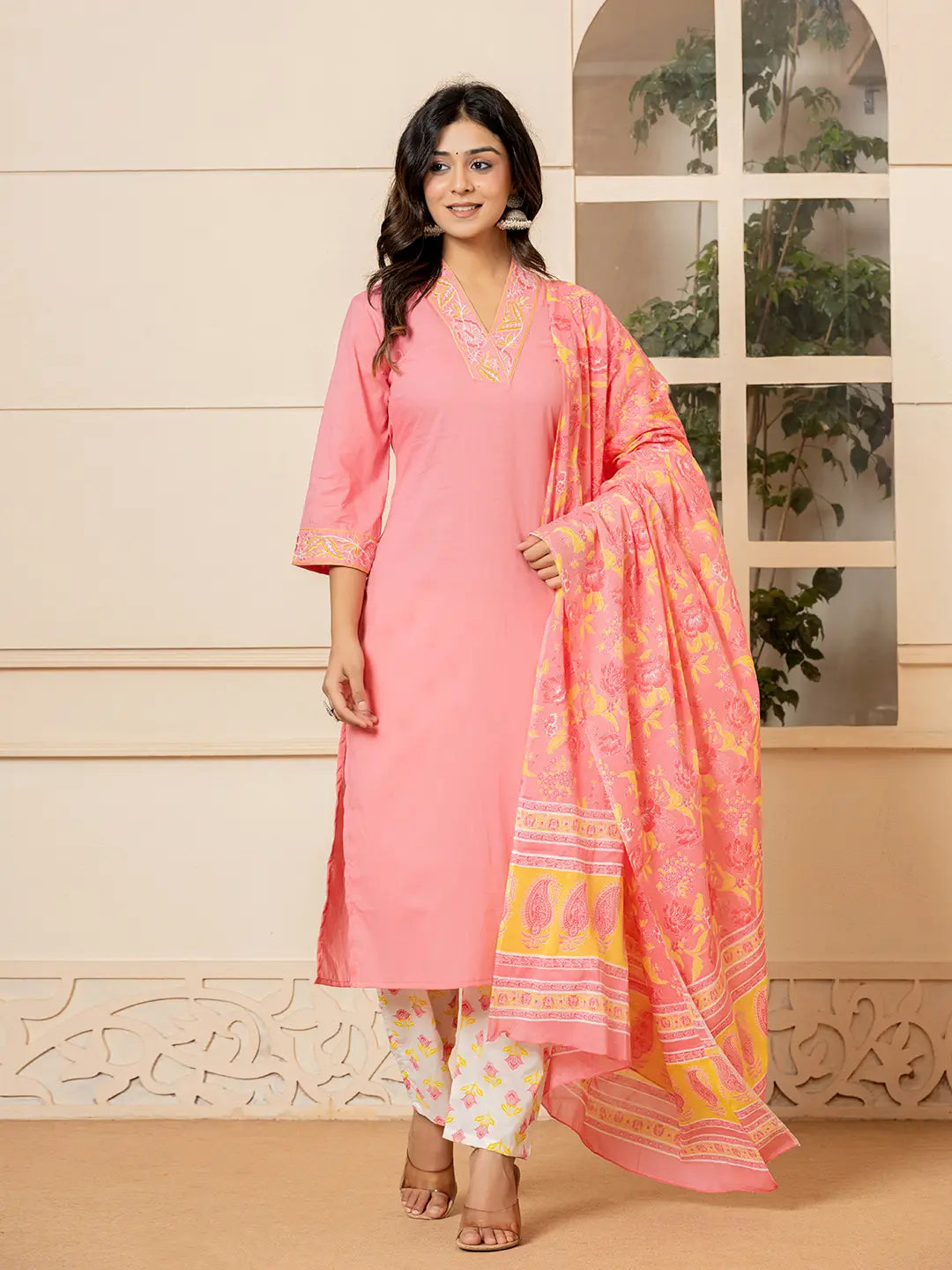 Pink-Cotton-Embroidered-Solid-3-Piece-Kurta-Set