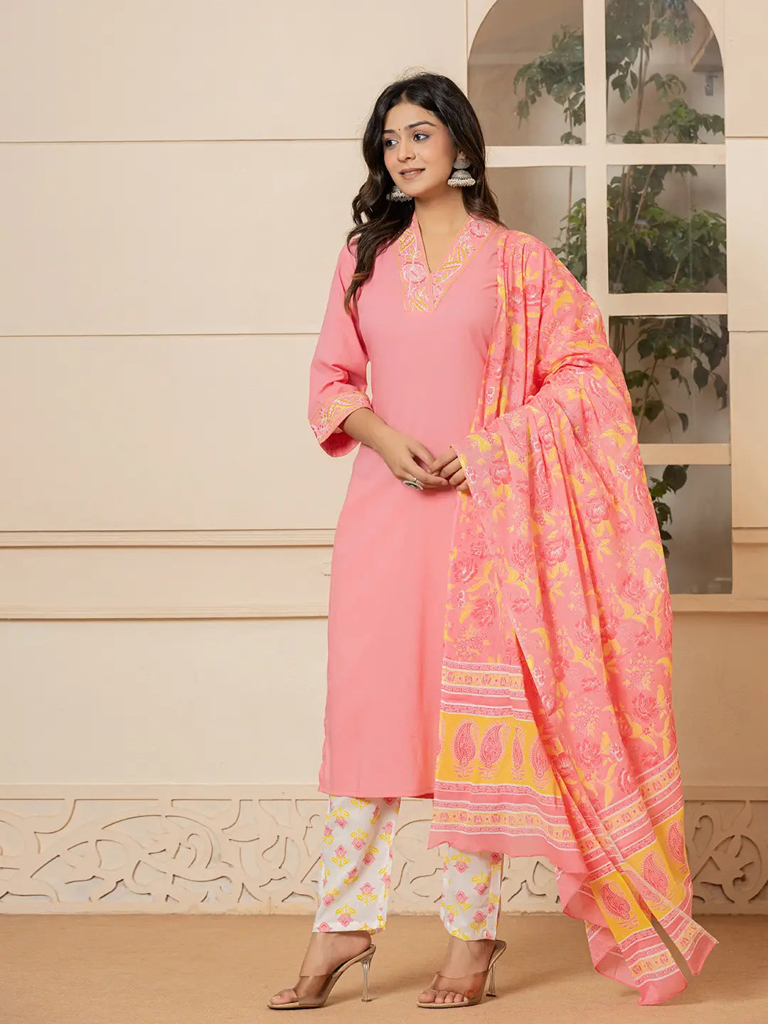 Pink-Cotton-Embroidered-Solid-3-Piece-Kurta-Set