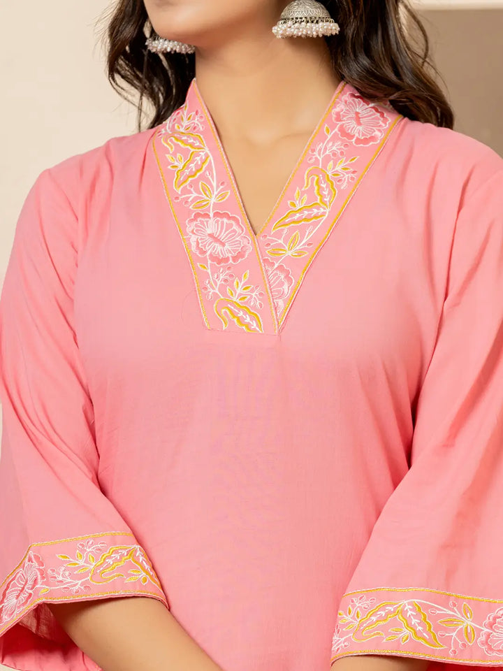 Pink-Cotton-Embroidered-Solid-3-Piece-Kurta-Set