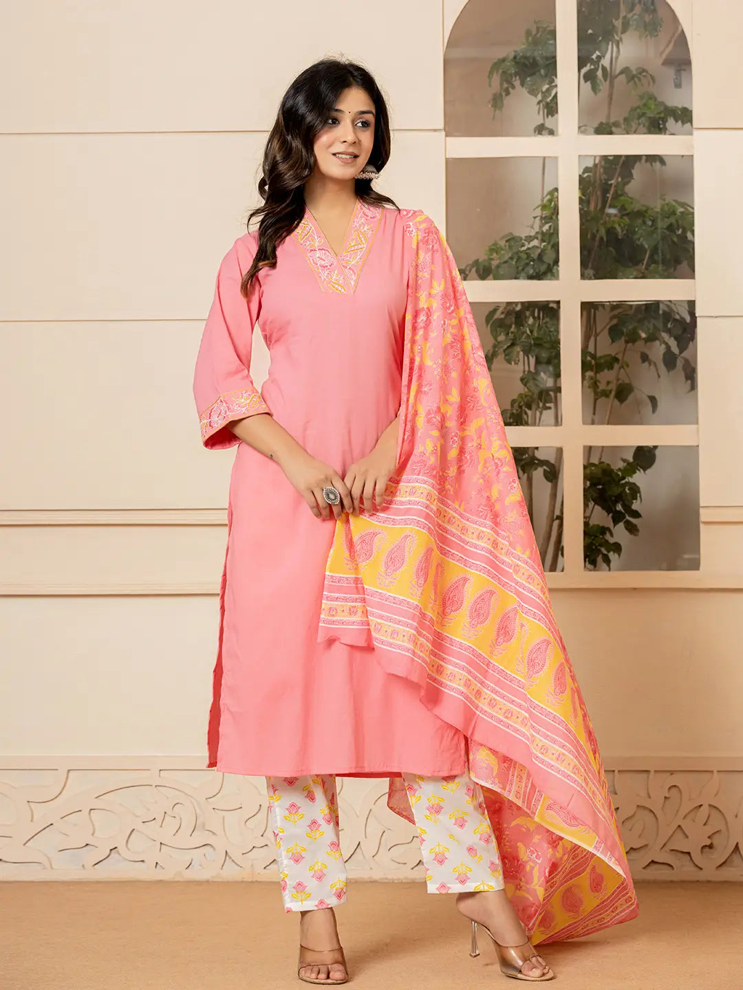 Pink-Cotton-Embroidered-Solid-3-Piece-Kurta-Set