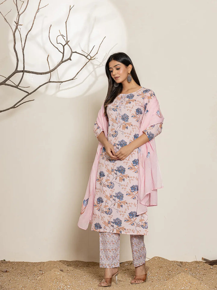 Pink-Cotton-Floral-Printed-Straight-3-Piece-Kurta-Set