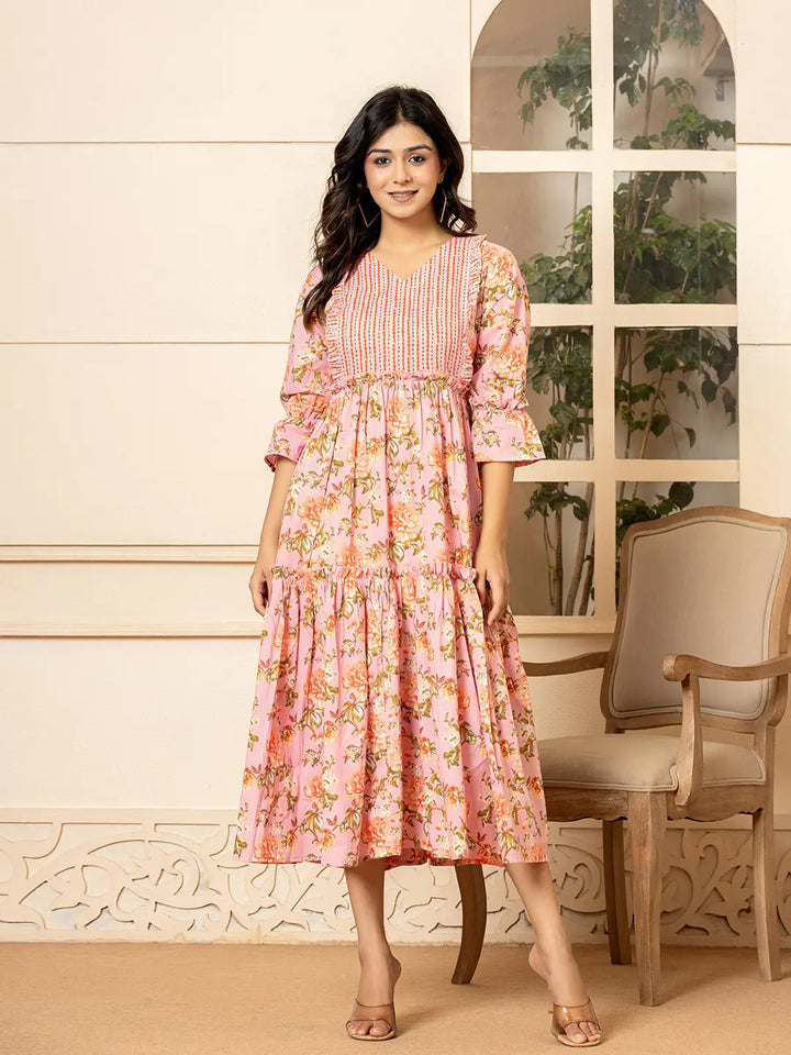 Pink-Cotton-Floral-Print-Tiered-Dress-With-Ruffles