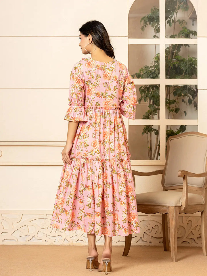 Pink-Cotton-Floral-Print-Tiered-Dress-With-Ruffles