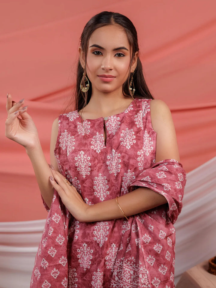 Pink-Cotton-Ethnic-Motifs-A-Line-3-Piece-Kurta-Set