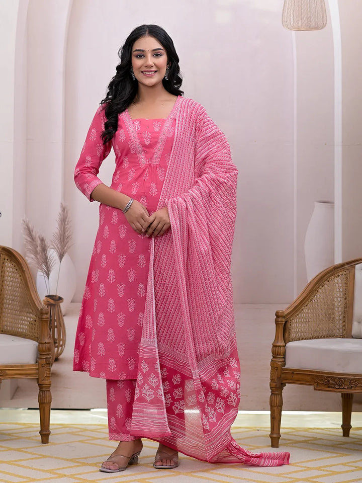 Pink-Cotton-Floral-Printed-A-Line-3-Piece-Kurta-Set