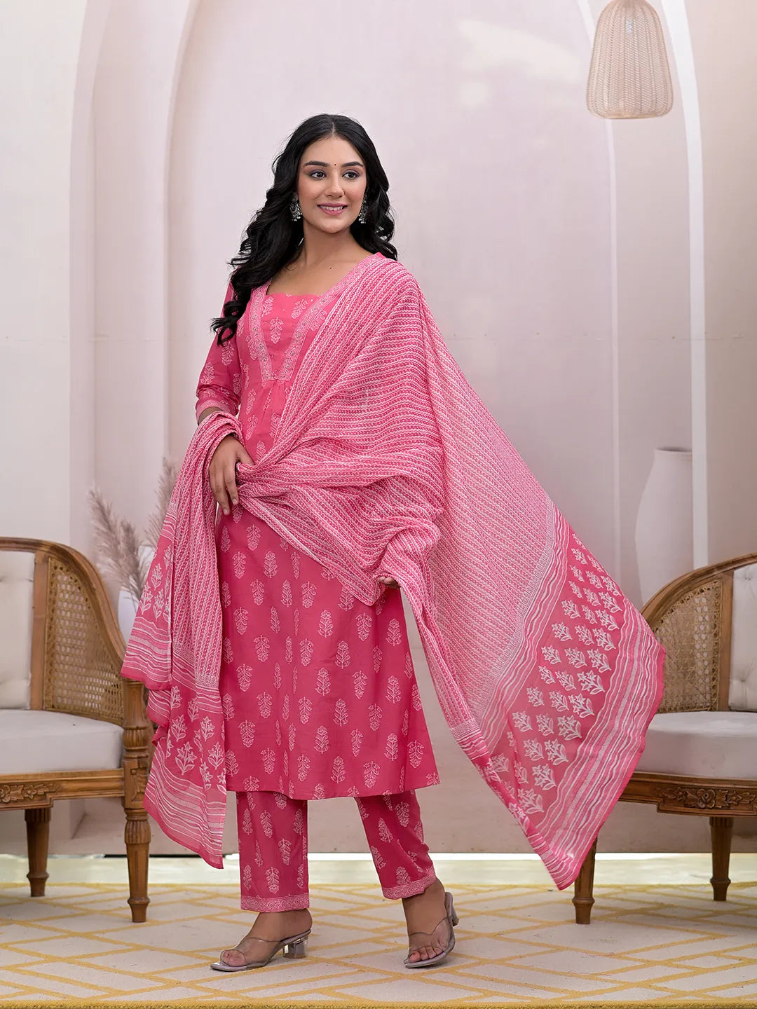 Pink-Cotton-Floral-Printed-A-Line-3-Piece-Kurta-Set