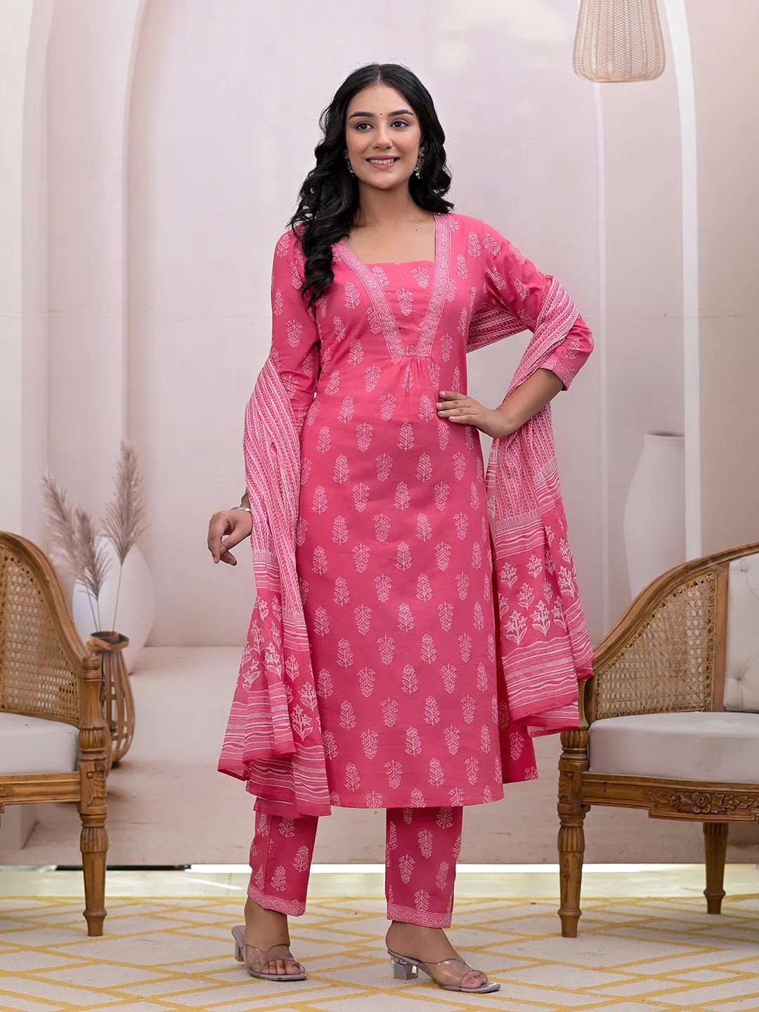 Pink-Cotton-Floral-Printed-A-Line-3-Piece-Kurta-Set