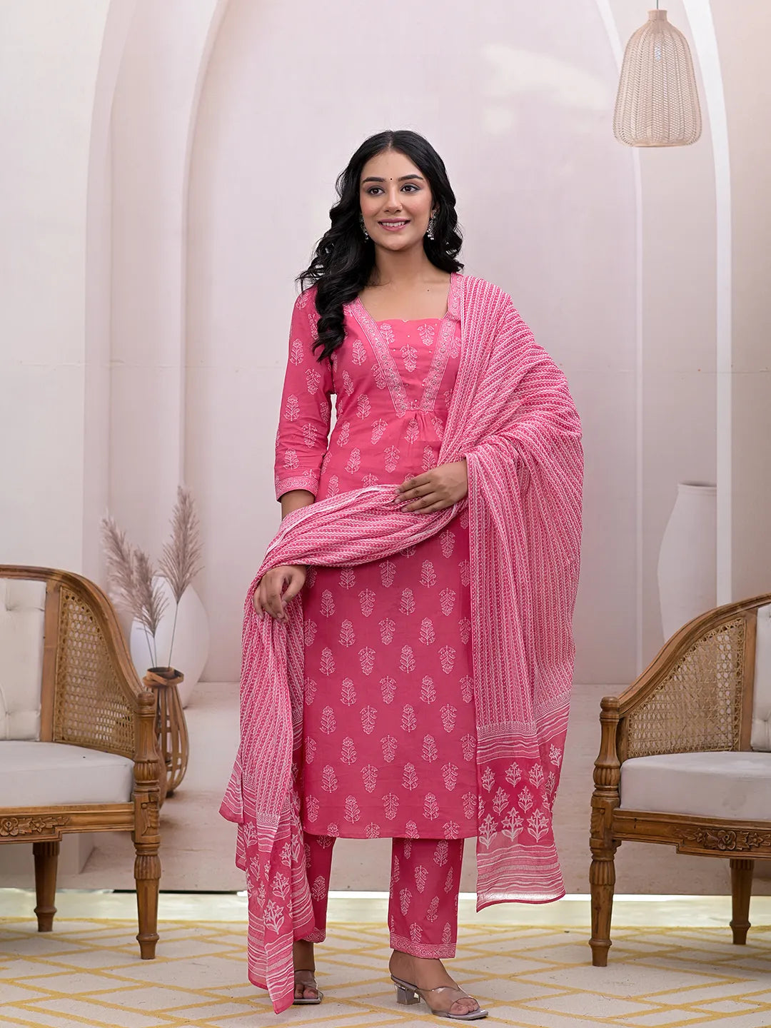 Pink-Cotton-Floral-Printed-A-Line-3-Piece-Kurta-Set