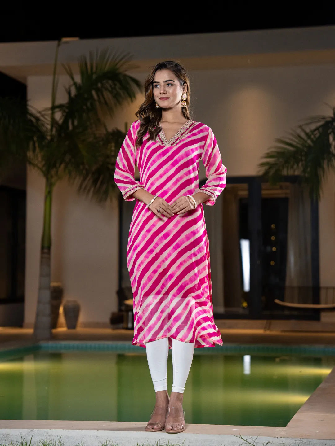 Pink-Georgette-Abstract-Striped-Lehriya-Kurta