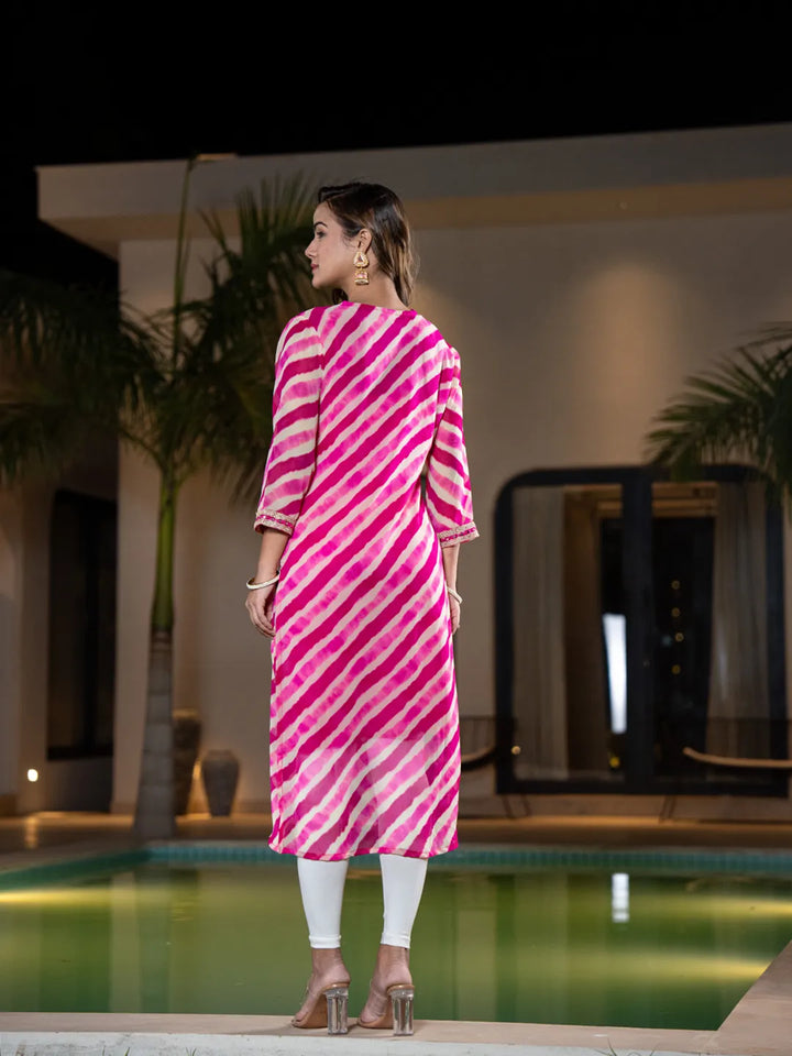 Pink-Georgette-Abstract-Striped-Lehriya-Kurta