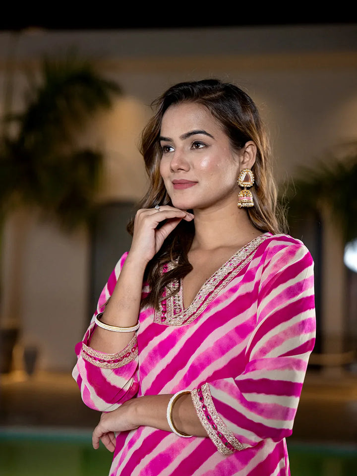 Pink-Georgette-Abstract-Striped-Lehriya-Kurta