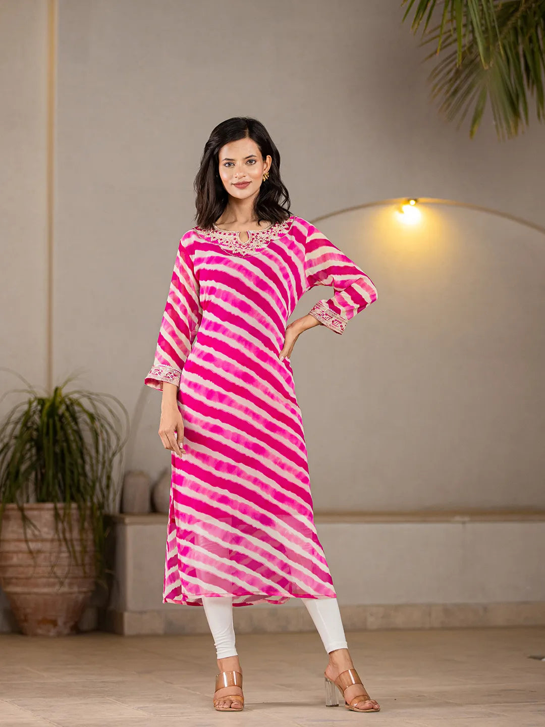 Pink-Georgette-Lehriya-Embroidery-A-Line-Kurta