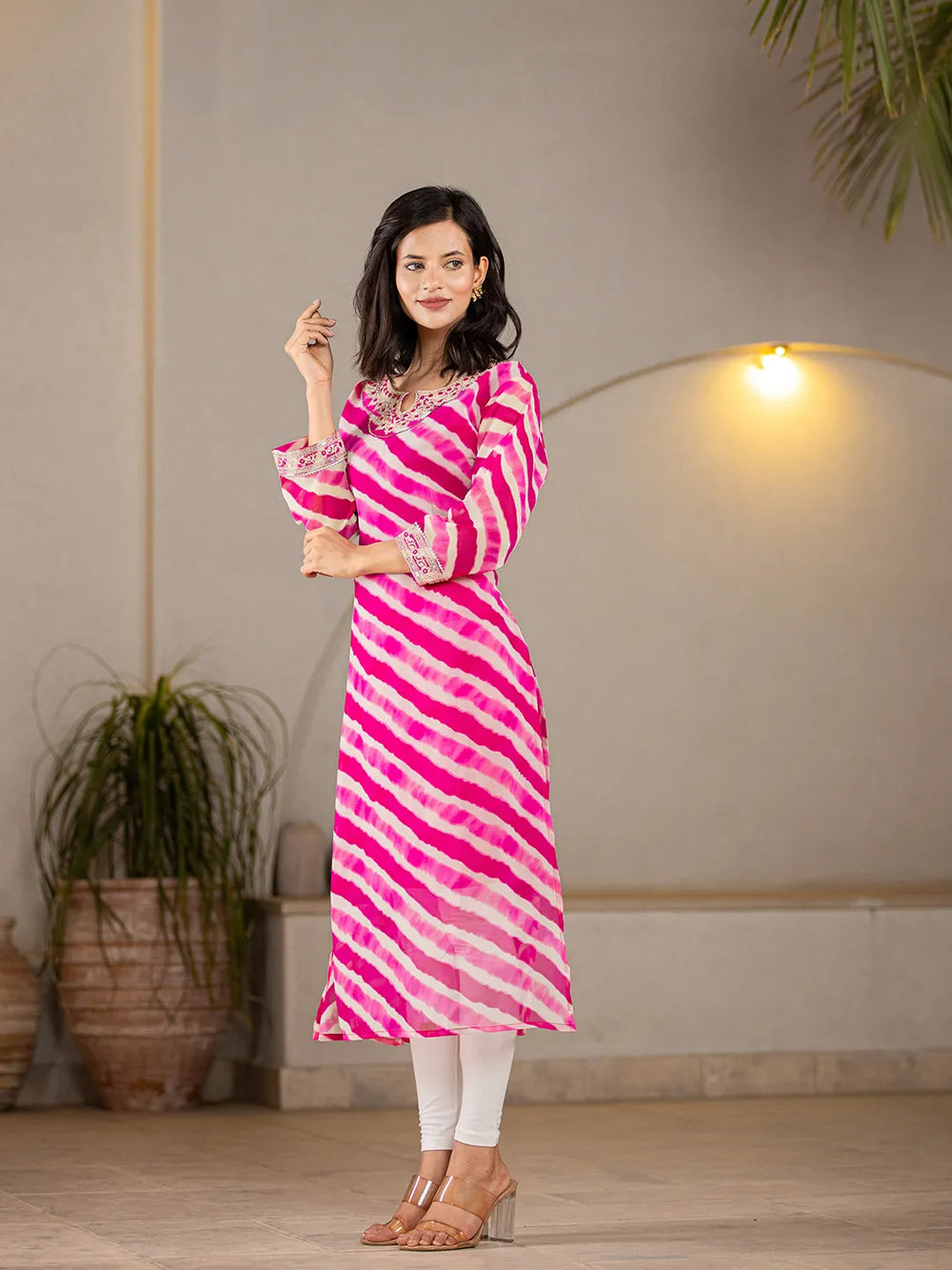 Pink-Georgette-Lehriya-Embroidery-A-Line-Kurta