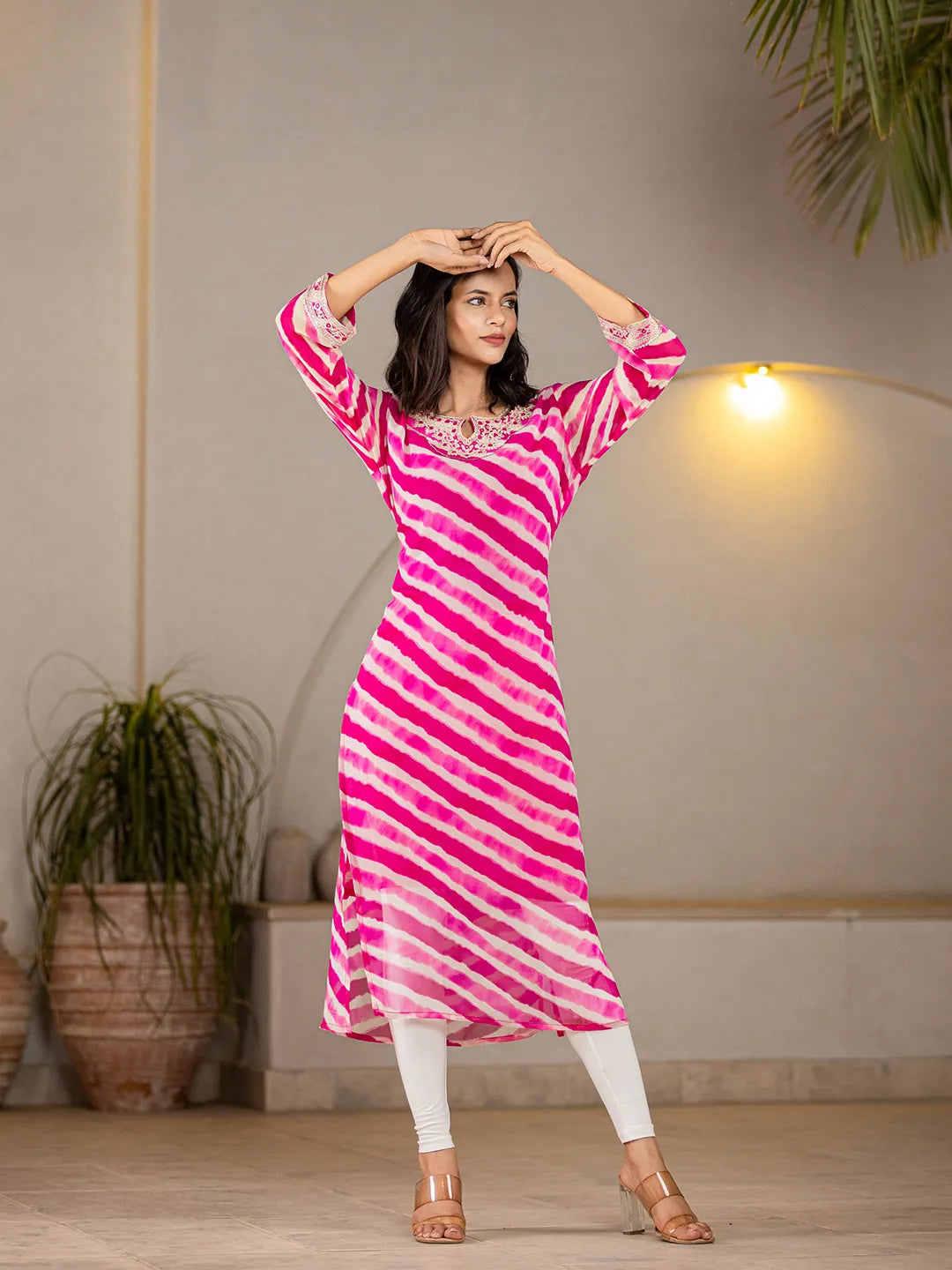 Pink-Georgette-Lehriya-Embroidery-A-Line-Kurta