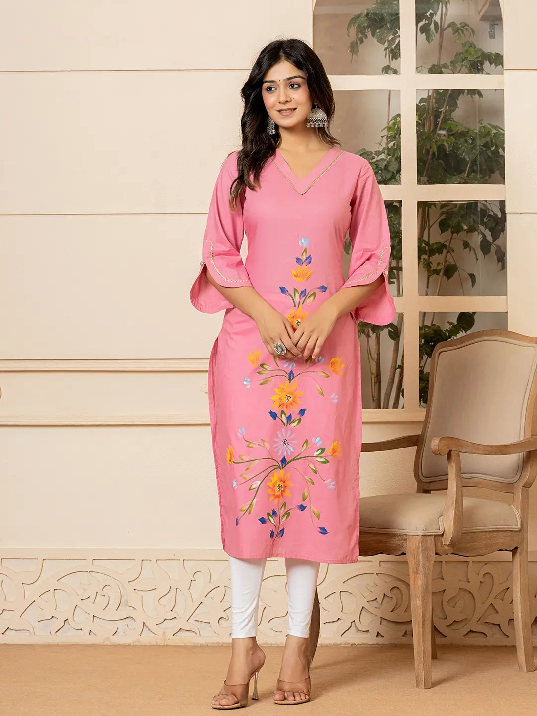 Pink-Cotton-Hand-Painted-Straight-Kurta