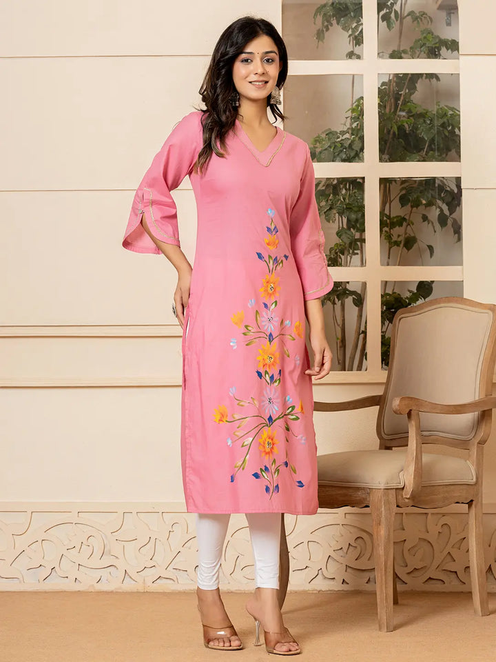 Pink-Cotton-Hand-Painted-Straight-Kurta