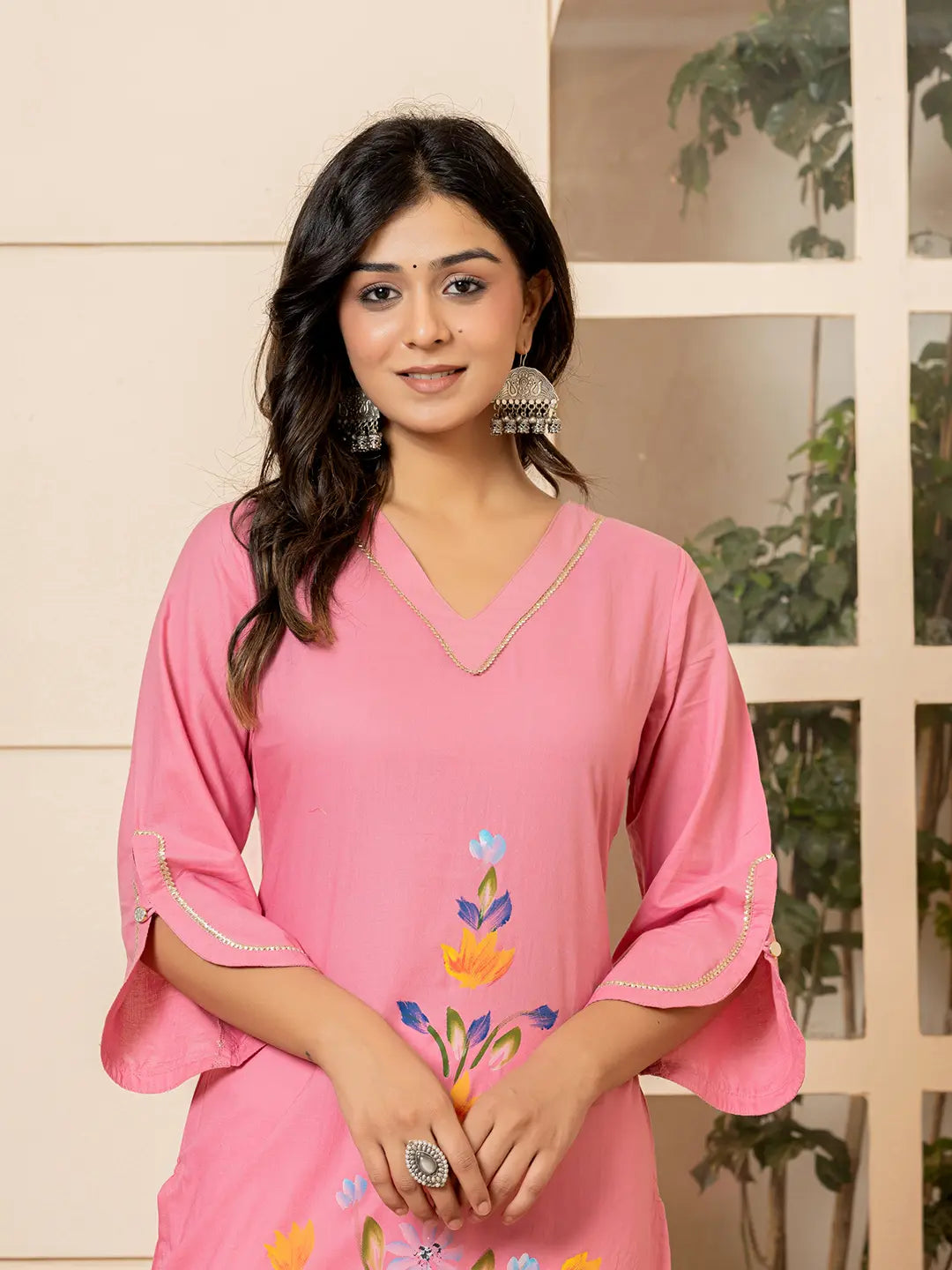 Pink-Cotton-Hand-Painted-Straight-Kurta