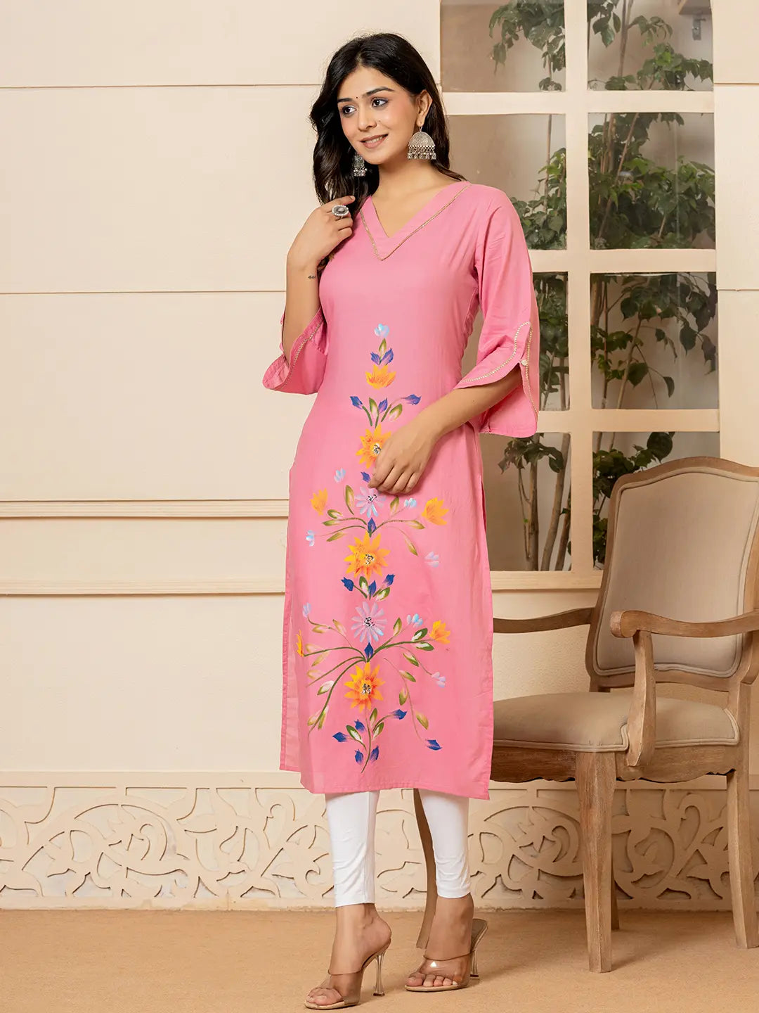 Pink-Cotton-Hand-Painted-Straight-Kurta