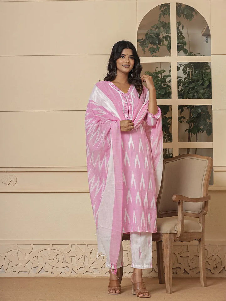 Pink-Cotton-Ikat-Print-Straight-Strappy-3-Piece-Kurta-Set