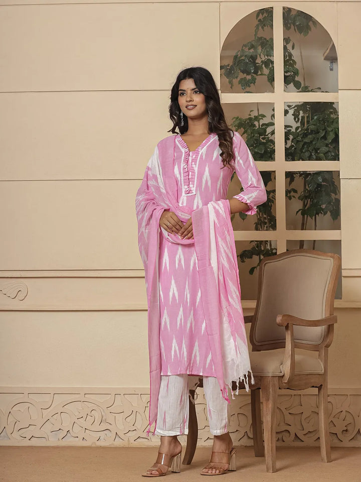 Pink-Cotton-Ikat-Print-Straight-Strappy-3-Piece-Kurta-Set