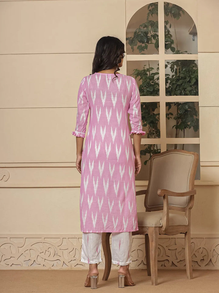 Pink-Cotton-Ikat-Print-Straight-Strappy-3-Piece-Kurta-Set