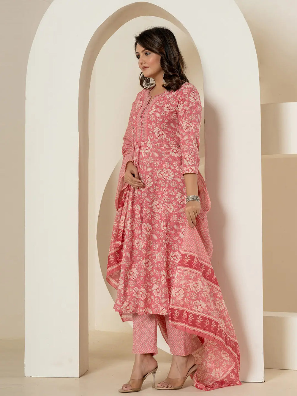 Pink-Cotton-Mirror-Work-Anarkali-Set