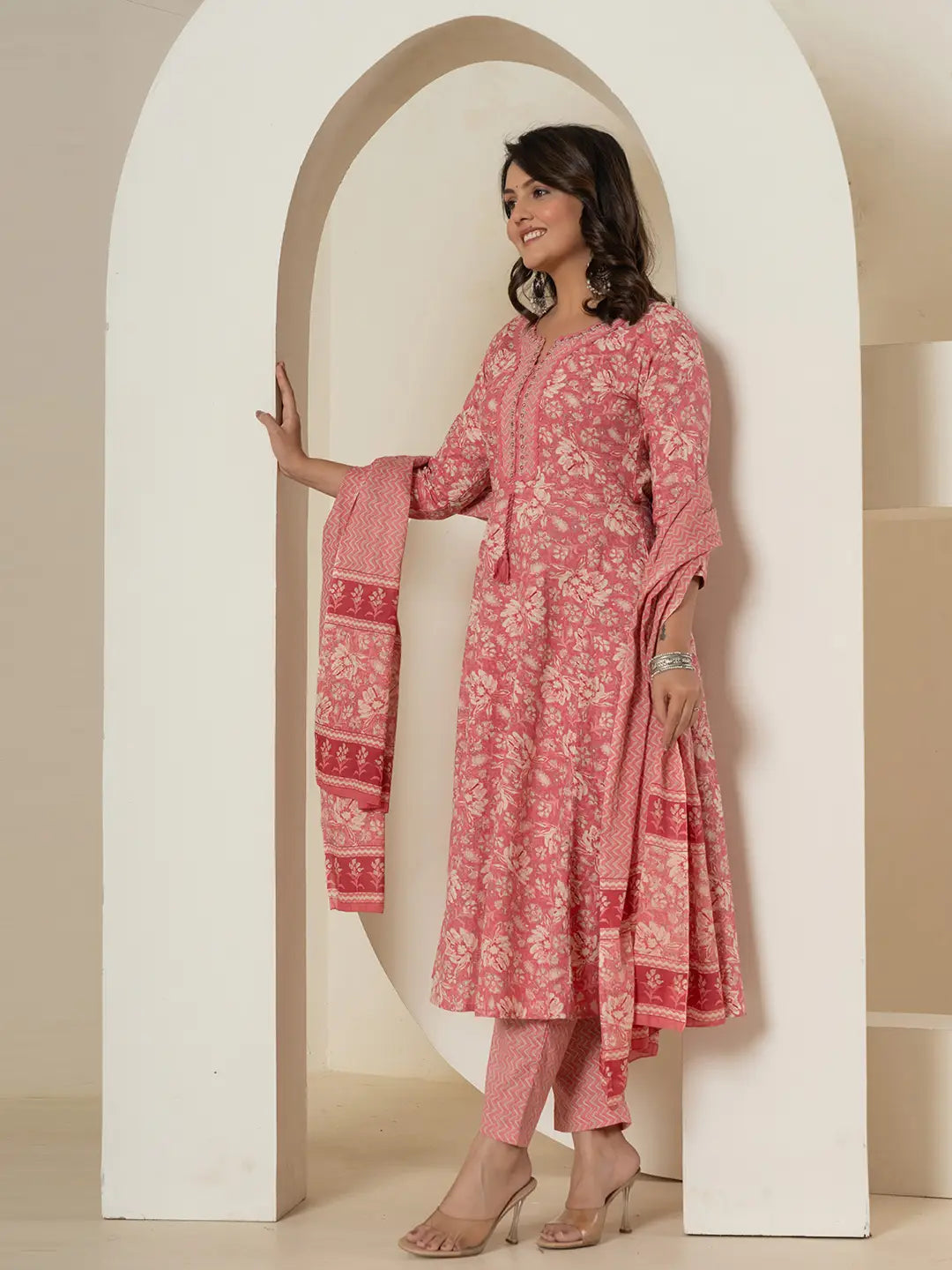 Pink-Cotton-Mirror-Work-Anarkali-Set