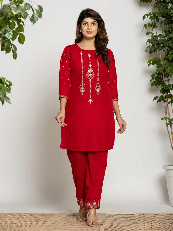 Pink-Velvet-Embroidered-Co-Ord-Set-With-Cotton-Lining