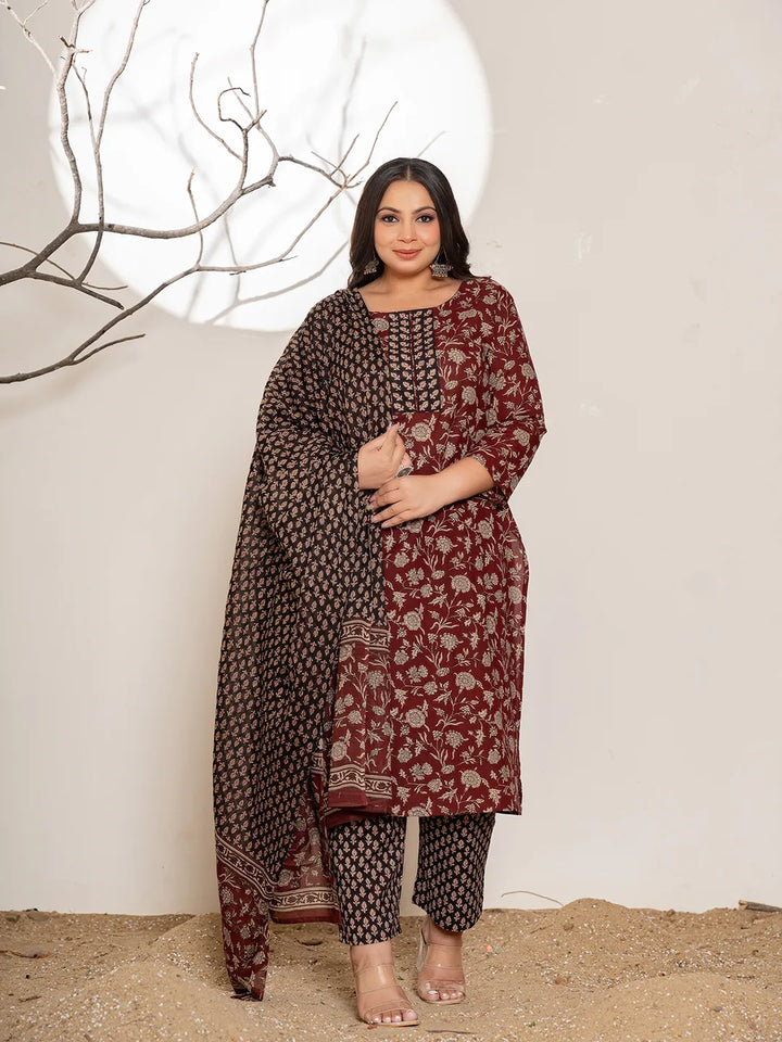 Maroon-Cotton-Floral-Print-Plus-Size-3-Piece-Kurta-Set