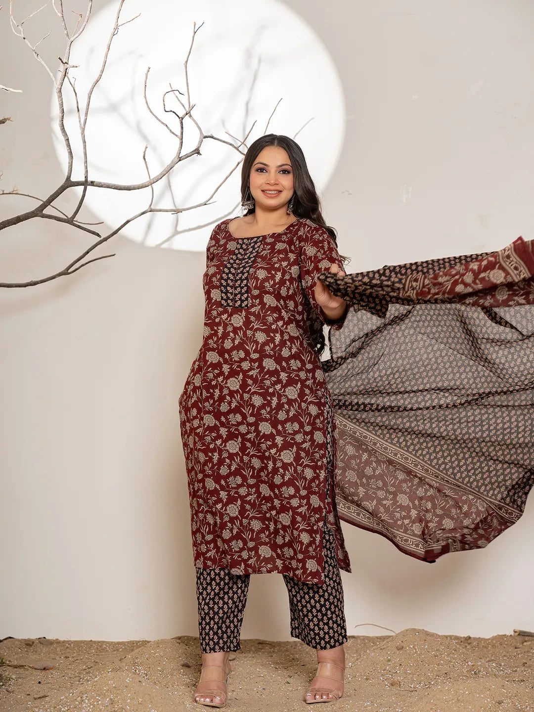 Maroon-Cotton-Floral-Print-Plus-Size-3-Piece-Kurta-Set