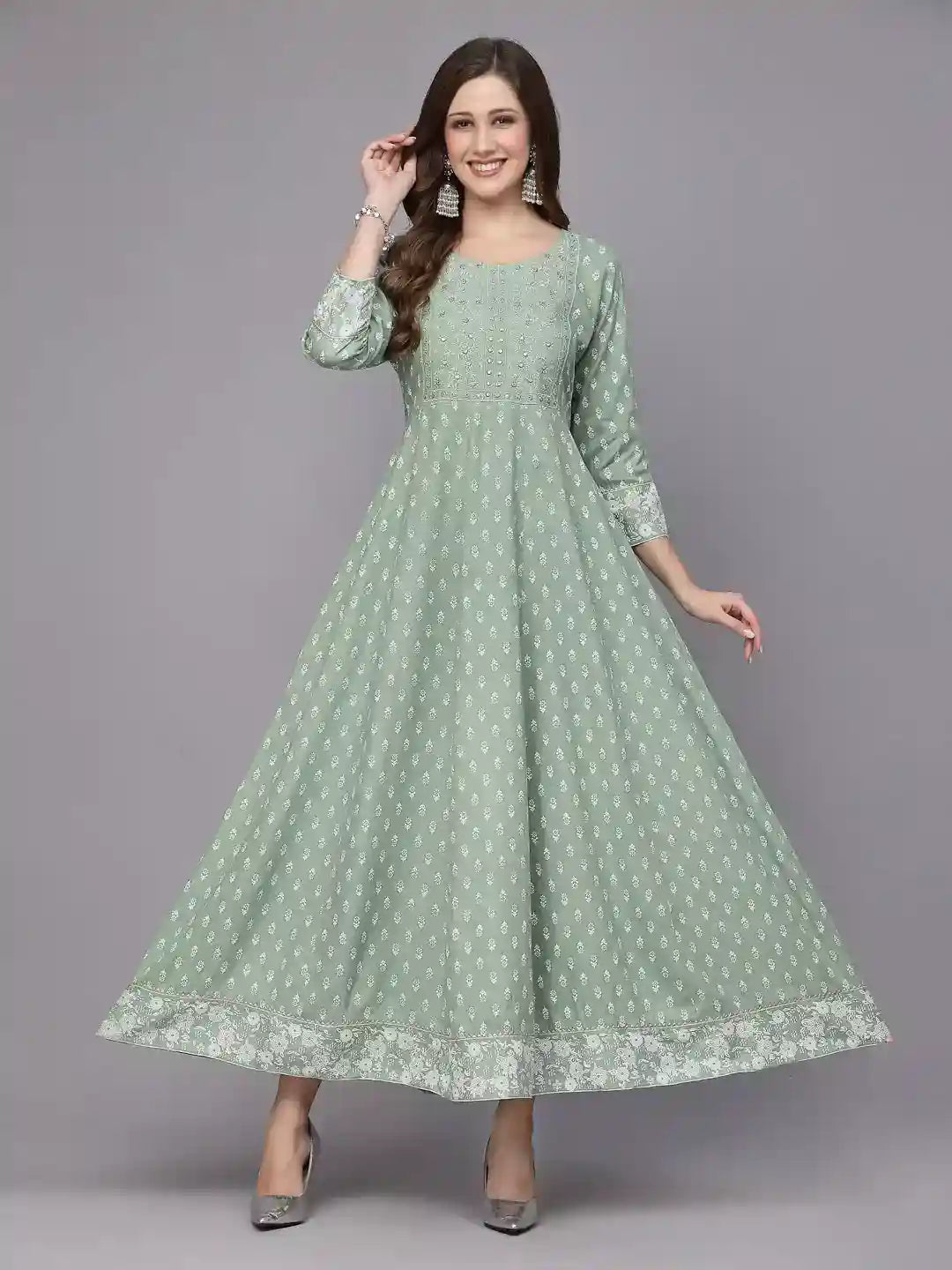 Green-Rayon-Printed-Anarkali-Kurta-Only